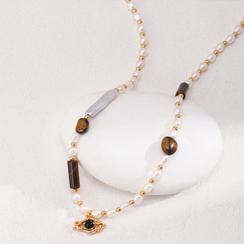 Pearl Tiger Eye Pendant Sterling Silver Necklace