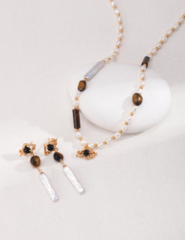 Pearl Tiger Eye Pendant Sterling Silver Necklace