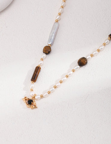 Pearl Tiger Eye Pendant Sterling Silver Necklace