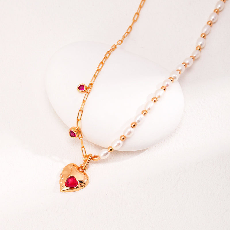 Red Corundum Love Heart Pearl Pendant S925 Sterling Silver Necklace