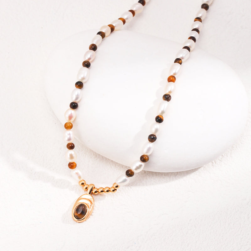 Tiger Eye Pearl Pendant S925 Sterling Silver Necklace